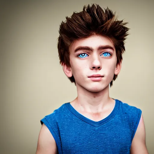 Image similar to a full body extremely photorealistic and detailed photo of a boy with blue eyes and brown hair