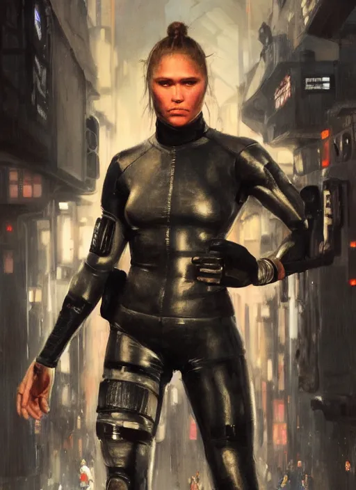 Prompt: ronda rousey teaches self defense. cyberpunk mercenary in a cyberpunk jumpsuit ( blade runner 2 0 4 9, cyberpunk 2 0 7 7 ). orientalist portrait by john william waterhouse and james gurney and theodore ralli and nasreddine dinet, oil on canvas. cinematic, hyper realism, realistic proportions, dramatic lighting, high detail 4 k