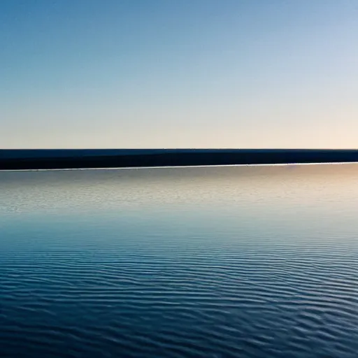 Image similar to a still plain of endless water across the horizon, no waves, no ripples, with a blue sky above it and reflected within it