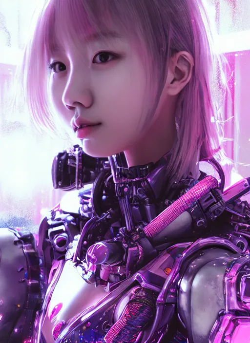 Prompt: a highly detailed portrait of a kpop idol mecha girls in spiked cyberpunk bioarmor trending on artstation by yoshitake amano, cyberpunk light, holographic undertones, 3 d cg, octane rendered, futuristic, 2 k aesthetic, dramatic lighting, 4 k, highly saturated colors