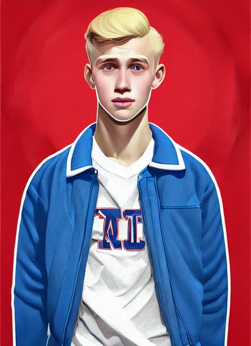 Image similar to portrait of a high school senior boy named moose mason, blonde short hair, jock, beefy, square jaw, square facial structure, 1 9 5 0 s, blue varsity jacket, intricate, elegant, glowing lights, highly detailed, digital painting, artstation, concept art, smooth, sharp focus, illustration, art by wlop, mars ravelo and greg rutkowski