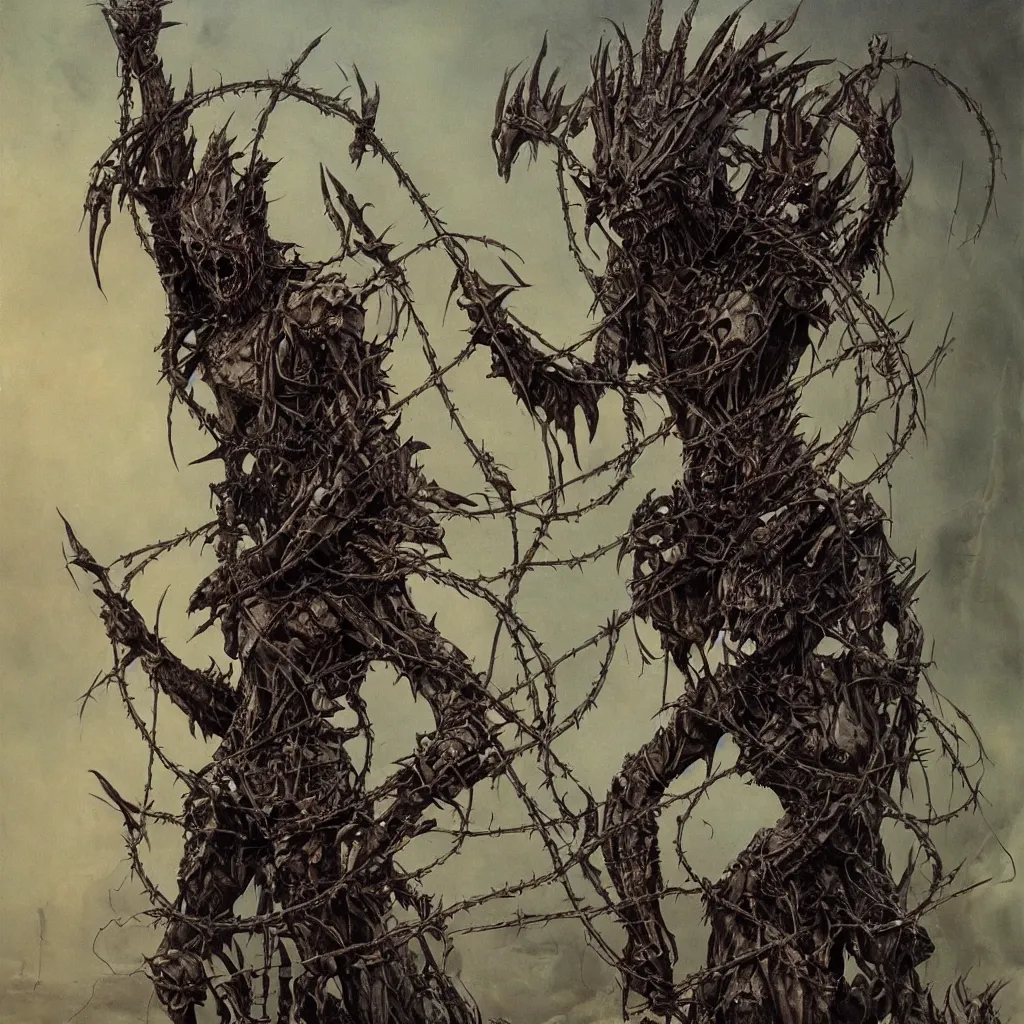 Image similar to A creepy armored horned fanged demon woman with blue scarred skin wrapped in barbed wire. Extremely high detail, realistic, fantasy art, solo, bones, ornate, textured, cgsociety masterpiece, saturated colors, tricate omnious visionary concept art tangled, ripped flesh, art by Zdzisław Beksiński, Arthur Rackham, Dariusz Zawadzki