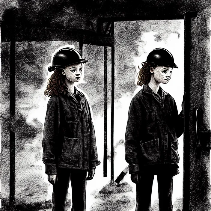 Image similar to [ sadie sink in dirty workmen clothes ] [ waves goodbye ] to workmen. near a gate. background : factory, dirty, polluted. technique : black and white pencil and ink. by gabriel hardman, joe alves, chris bonura. cinematic atmosphere, detailed and intricate, perfect anatomy