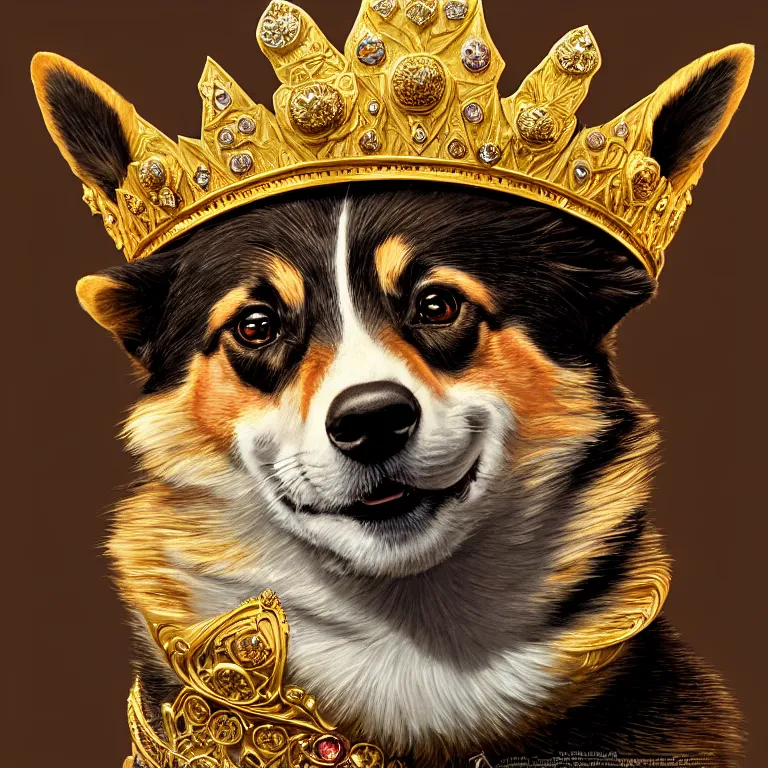 Image similar to highly detailed illustration of a portrait of a regal corgi wearing a jeweled golden crown, artstation, cinematic lighting, hyperdetailed, cgsociety, 8k, high resolution, by John Philip Falter, Art Nouveau, insanely detailed and intricate