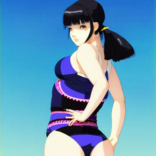 Image similar to a beautiful plus sized model japanese natalie portman, alluring plus sized model, wearing mayan leotard with overalls, street fashion hip hop style with mayan patterns, aztec street fashion, gapmoe yandere grimdark, trending on pixiv fanbox, painted by greg rutkowski makoto shinkai takashi takeuchi studio ghibli, akihiko yoshida