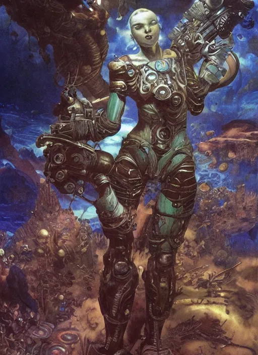 Image similar to biblical daemonic bautiful cyborg girl with glowing veins, shoulder pads, rocket launcher, on planet jupiter, underwater photography, by gerald brom, by mikhail vrubel, by peter elson, muted colors, extreme detail, trending on artstation, 8 k