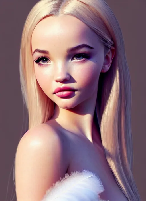 Prompt: a gorgeous female photo of a mix of dove cameron and madison beer, professionally retouched, soft lighting, wearing a feather dress, realistic, smooth face, perfect eyes, wide angle, sharp focus on eyes, full body centerfold, 8 k high definition, insanely detailed, intricate, elegant, art by artgerm and wlop