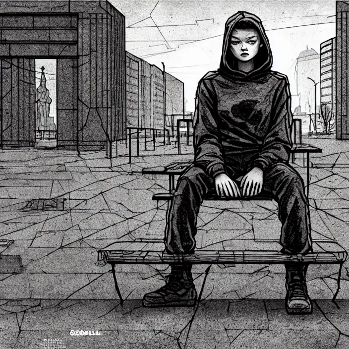 Image similar to storyboard : sadie sink in hoodie sits on bench in ruined square, pedestrians walk by, soviet monument and propaganda posters. scifi cyberpunk. by gabriel hardman. cinematic atmosphere, detailed and intricate, perfect anatomy