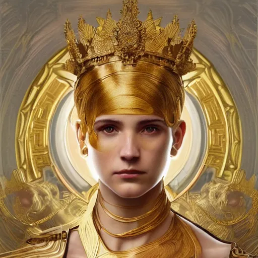 Image similar to portrait of Ex Machina as a greek goddess, marble statue, greek mythology, gold crown and filaments, intricate, headshot, highly detailed, digital painting, artstation, concept art, sharp focus, cinematic lighting, illustration, art by artgerm and greg rutkowski, alphonse mucha, cgsociety