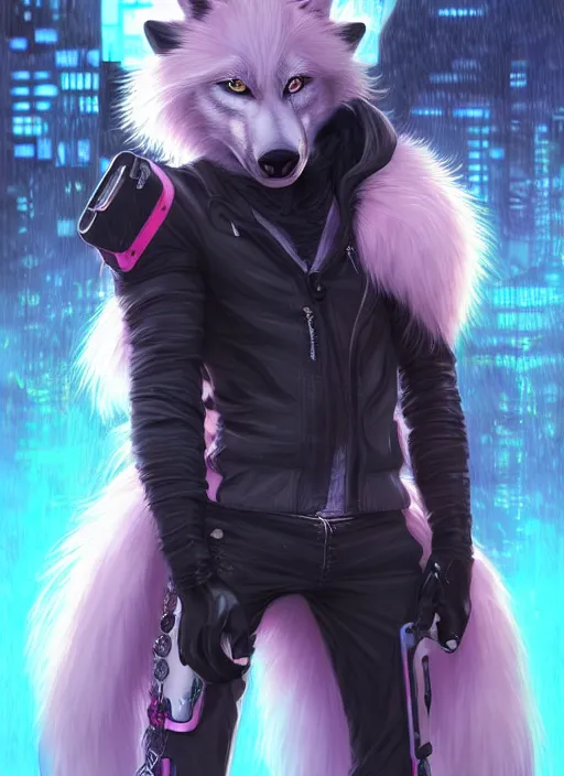 Image similar to award winning beautiful portrait commission of a male furry anthro albino wolf fursona with a tail and a cute beautiful attractive detailed furry face wearing stylish black, pink and blue cyberpunk biker clothes in a cyberpunk city at night while it rains. Character design by charlie bowater, ross tran, artgerm, and makoto shinkai, detailed, inked, western comic book art