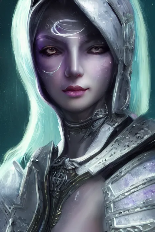 Prompt: portrait evilly white hair knights of Zodiac girl, metalic deep purple and black reflected armor, in ruined Agora of Athens thunder sparkling flash night, ssci-fi, fantasy, intricate, very very beautiful, elegant, highly detailed, digital painting, artstation, concept art, smooth, sharp focus, illustration, art by tian zi and WLOP and alphonse mucha