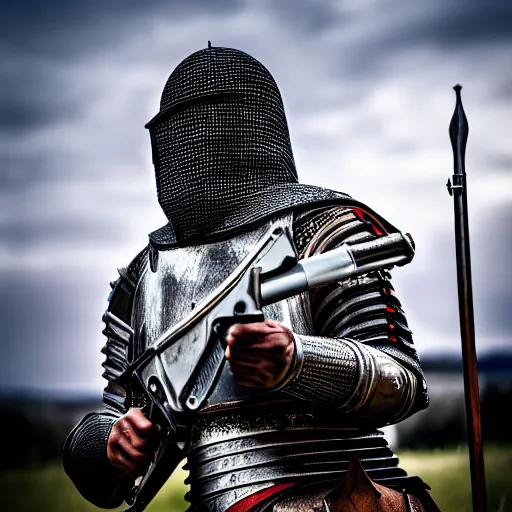 Image similar to medieval knight, in armor, shooting an ak - 4 7. 4 k, hdr, 5 0 mm lens, f 1. 8.