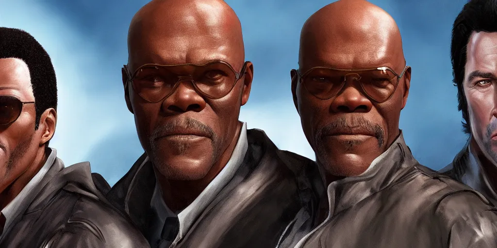 Image similar to highly detailed full - body samuel l jackson and john travolta, perfect symmetrical eyes, by eddie mendoza and tyler edlin, 8 k resolution