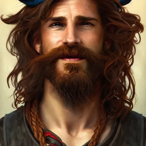 Prompt: portrait of a young ruggedly handsome but joyful pirate, male, masculine, nose ring, upper body, red hair, long hair, d & d, fantasy, joyful smirk, intricate, elegant, highly detailed, digital painting, artstation, concept art, matte, sharp focus, illustration, art by artgerm and greg rutkowski and alphonse mucha