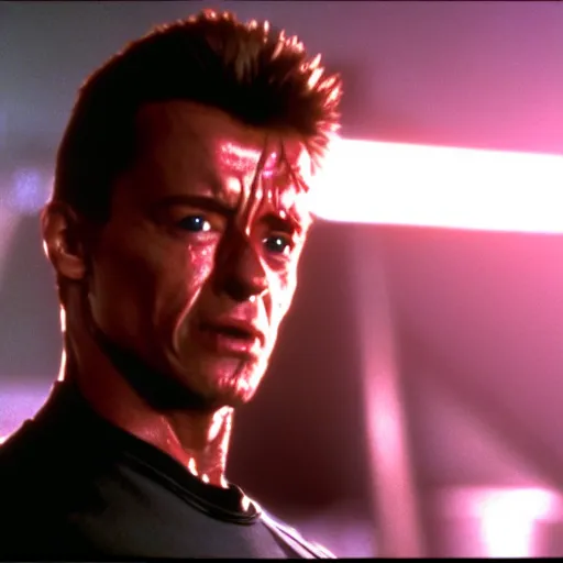 Image similar to cinematic still from terminator 2 : judgement day with the terminator played by sylvester stallone, movie still, long lens, shallow depth of field, bokeh, anamorphic lens flare, 8 k, hyper detailed, 3 5 mm film grain