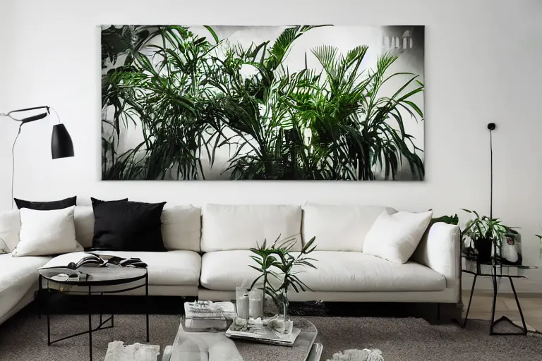 Image similar to highly detailed wide angle photograph, ikea style, light bloom, atmospheric, cinematic, contemporary modern design living room, cozy, calm, plants, big canvas art, hardwood floor, white walls, fabric and textiles