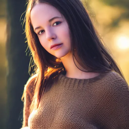 Image similar to real life photo of a beautiful girl, full body photoshoot, long brown hair, brown eyes, full round face, short smile, belly free, brown sweater, forest setting, cinematic lightning, medium shot, mid - shot, highly detailed, trending on artstation, unreal engine 4 k, 8 0 mm, 8 5 mm, cinematic wallpaper