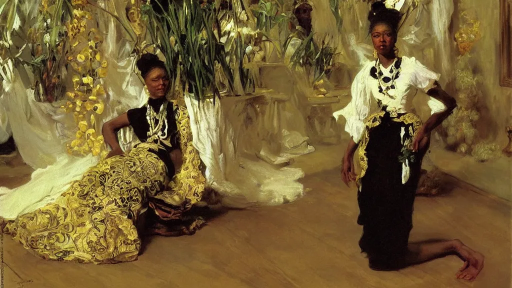 Image similar to high quality high detail painting by ilya repin and john singer sargent, black woman in a white room with many plants, intricate costume design, orientalist, partially gold, ornate, elite, luxury, hd