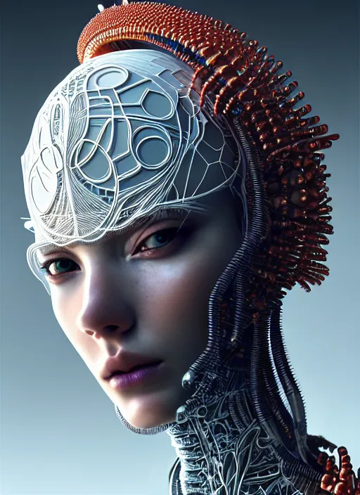 Image similar to portrait of an absurdly beautiful, graceful, sophisticated, fashionable cyberpunk mechanoid, hyperdetailed illustration by irakli nadar and alexandre ferra, intricate linework, white porcelain skin, faberge, coral headdress, unreal engine 5 highly rendered, global illumination, radiant light, detailed and intricate environment