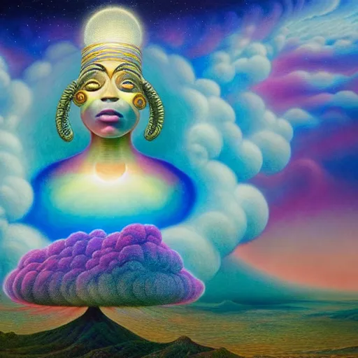 Image similar to obatala the cosmic god sitting in a cabana made of nebula clouds, by Adi granov and afarin sajedi and amanda sage and evgeni gordiets and Agostino Arrivabene in a psychedelic portrait style, ultrarealistic matte painting, volumetric lighting, fractal, extremely symmetrical, highly detailed face, orisha, 8k, hd