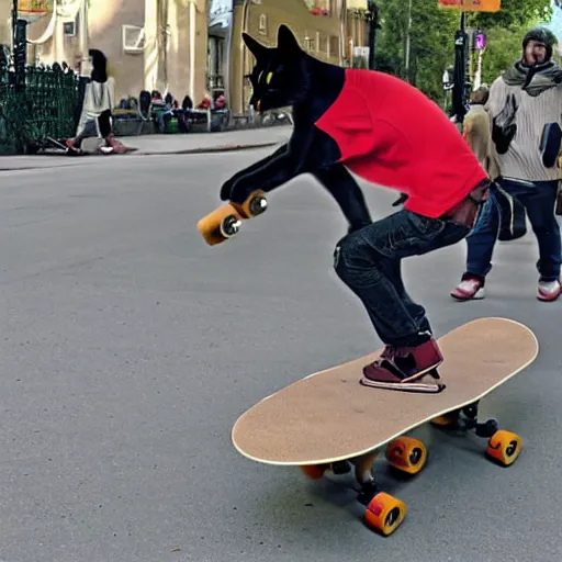 Image similar to a cat pulling a man on a skateboard