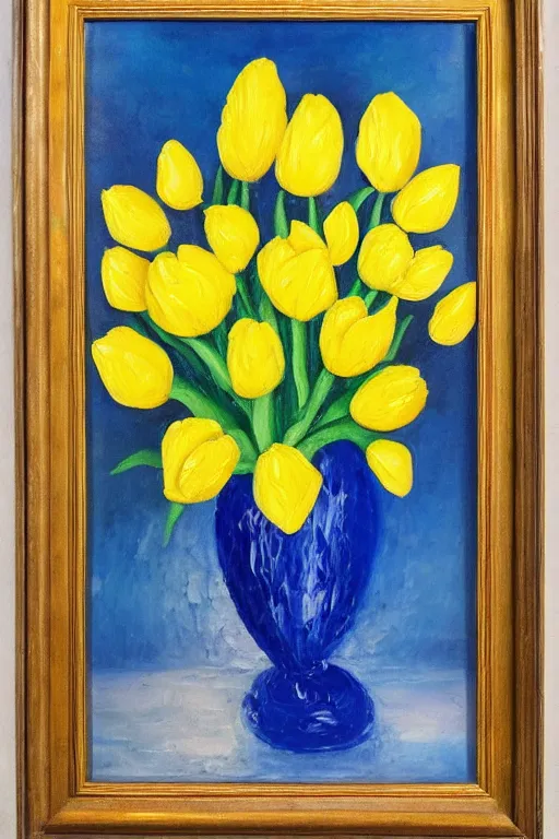 Prompt: impasto oil painting of yellow tulips in a cobalt blue glass vase intricate