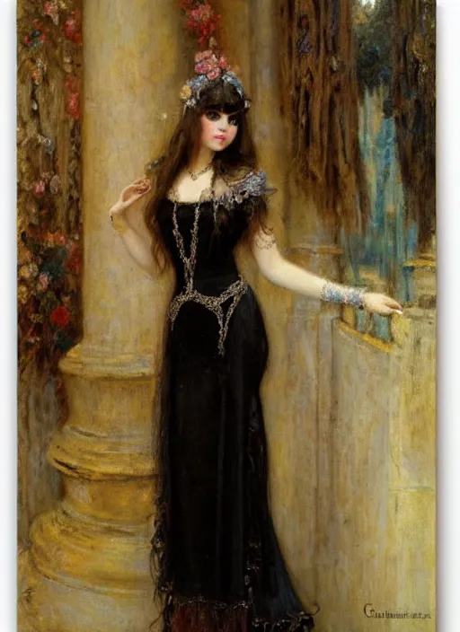 Image similar to vertical prtrait of a gothic princess, baroque dress. by gaston bussiere