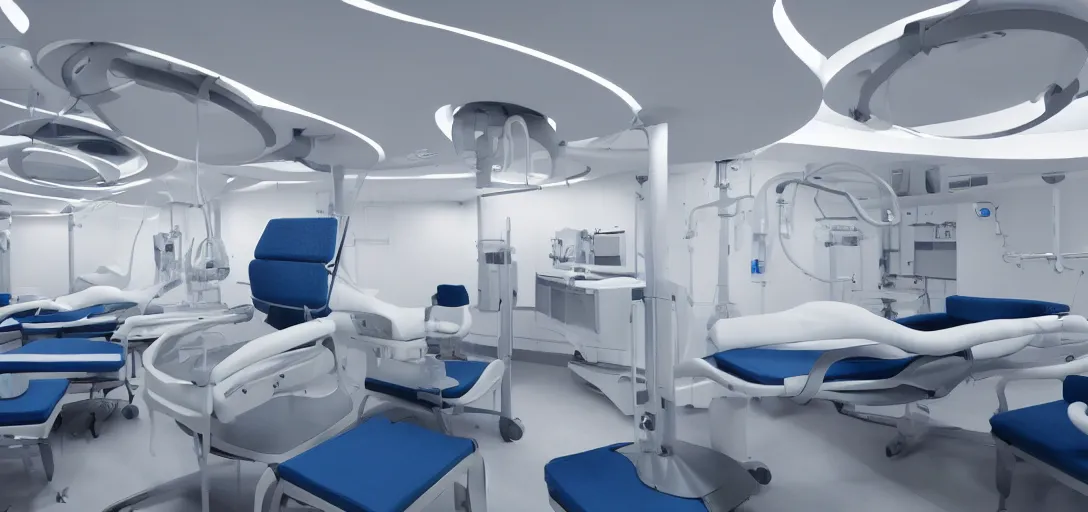 Image similar to photo of hyperfuturistic medical facility with restraints on table