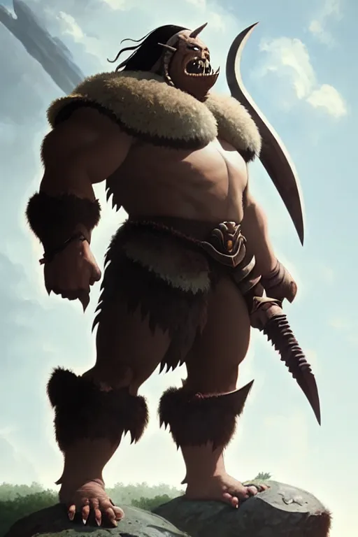 Image similar to orc barbarian wearing leather armor, full body shot, exquisite details, earth magic, mid view, design on a white background, by studio muti, greg rutkowski, makoto shinkai, takashi takeuchi, studio ghibli