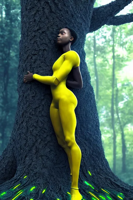 Image similar to hyperrealistic post - symbolism cinematic super expressive! black woman with exoskeleton armor, merging with tree in a forest, highly detailed digital art masterpiece, smooth cam de leon eric zener dramatic pearlescent soft blue yellow light, ground angle hd 8 k, sharp focus