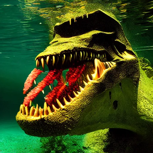 Prompt: t - rex underwater photography and light scattering, water refractions turned out impressive imho,