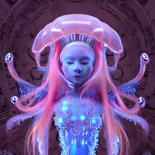 Image similar to Full body photo of the most beautiful goddess, she has a jellyfish octopus head's, by Tooth Wu, trending on Artstation, digital art, symmetrical artwork, cinematic, hyper realism, high detail, octane render, 4k, 8k