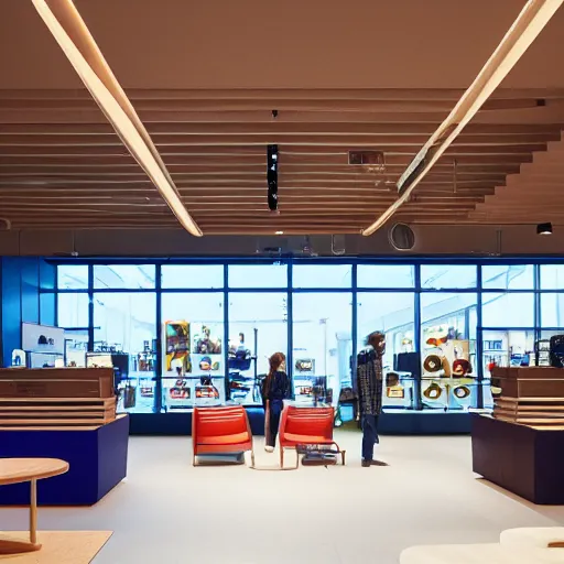 Image similar to interior photography of a Microsoft Samsung flagship store in the style of Wes Anderson and Denis Villeneuve, retaildesignblog, architecture magazine, dezeen, 50mm, pentax, film