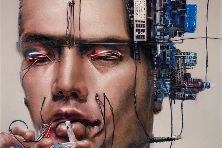 Image similar to man with wires on his head and a cigarette in his mouth, cyberpunk art by noriyoshi ohrai, behance contest winner, panfuturism, circuitry, darksynth, future tech