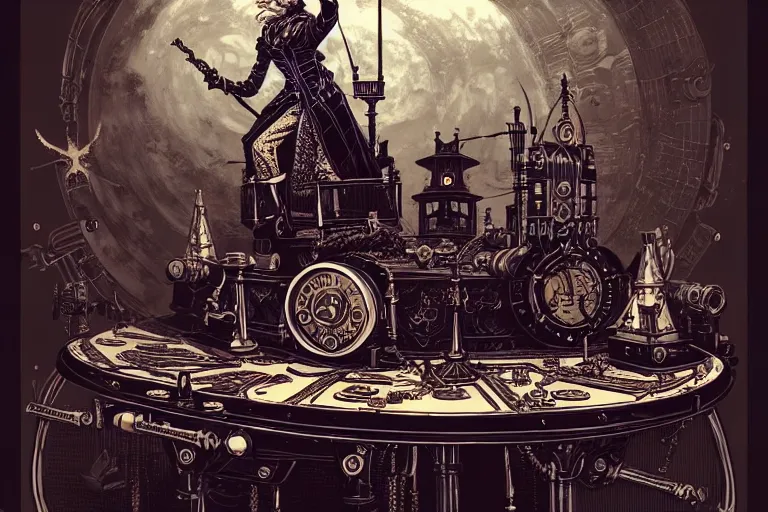 Prompt: a majestic steampunk wizard table, high details, lineart, by vincent di fate and joe fenton, inking, etching, screen print, masterpiece, trending on artstation, sharp, high contrast, hyper - detailed,, hd, 4 k, 8 k