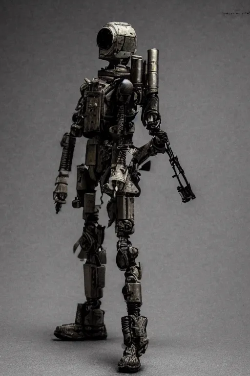 Image similar to a cinematic photo shot of a beautiful 1 : 6 scale threea toys figurine by ashley wood, world war one robot, intricate dark background, dramatic light