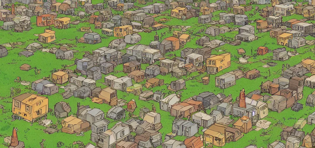 Image similar to a photorealistic digital illustration of a shady shanty town by Studio Ghibli and Herge