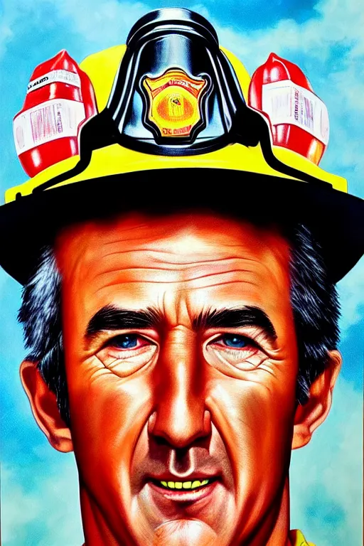 Prompt: hyper realistic painting of randy mantooth as a fire fighter by chuck close and richard corben, very handsome, hyperdetailed, vivid colours, sharp focus, dramatic lighting, exotropia eyes