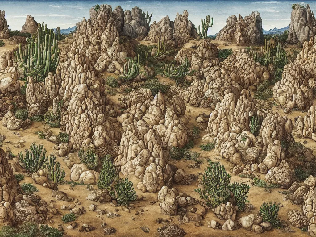 Prompt: Seashell citadel. Windswept desert, jagged rocks, marbled boulders, efflorescent cacti, fungus. Painting by Lucas Cranach, Escher.
