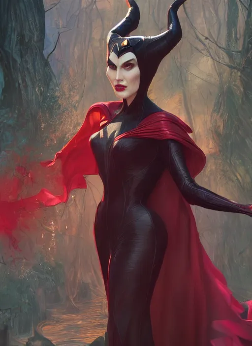 Image similar to scarlet witch as maleficent, naturel, hyper detailed, digital art, trending in artstation, cinematic lighting, studio quality, smooth render, unreal engine 5 rendered, octane rendered, art style by klimt and nixeu and ian sprigger and wlop and krenz cushart