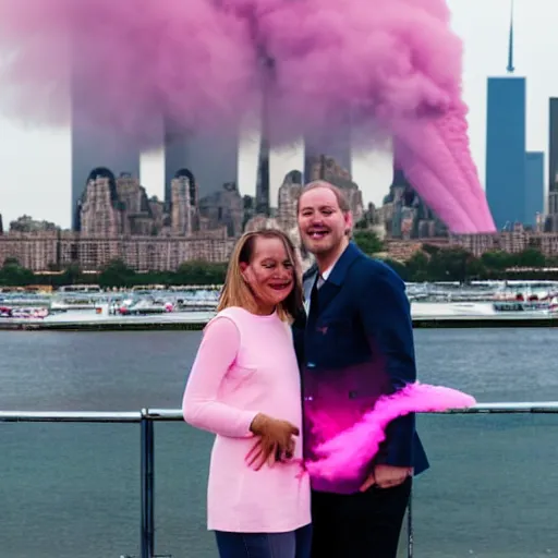 Image similar to a close up of a smiling couple of parents to be, in front of 9 / 1 1 with pink smoke, 1 2 0 mm, clear details, award winning