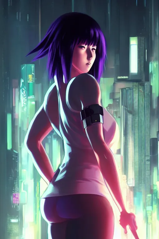 Image similar to a still fullbody portrait of motoko kusanagi ghost in the shell, finely detailed features, closeup at the faces, perfect art, at a cyberpunk city, gapmoe yandere grimdark, trending on pixiv fanbox, by ilya kuvshinov, rossdraws, artgerm