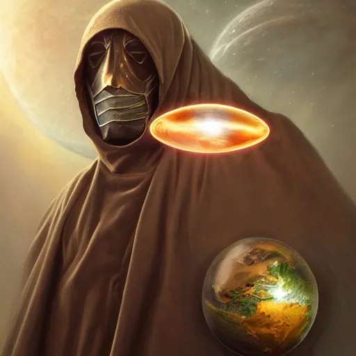 Image similar to masked nomad male wearing a cloak on an alien world and holding a holographic planet projection in his hand, detailed, sci - fi, digital painting, artstation, sharp focus, illustration, ominous, artgerm, tomasz alen kopera, peter mohrbacher, donato giancola, joseph christian leyendecker, wlop, frank frazetta