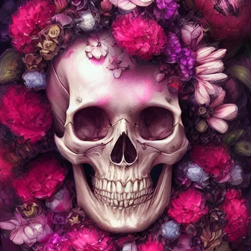 Image similar to Pink Death, skull, flowers, colorful, by Stanley Artgerm Lau, WLOP, Rossdraws, James Jean, Andrei Riabovitchev, Marc Simonetti, Yoshitaka Amano, ArtStation, CGSociety,