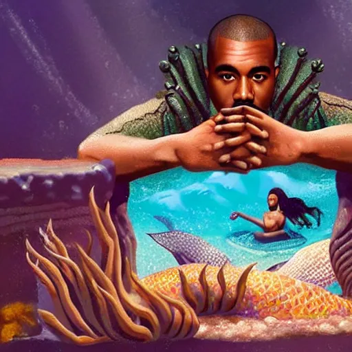 Image similar to Kanye West as a mermaid, looking in awe at delicious fish sticks, dynamic lighting, concept art, beautiful 4k