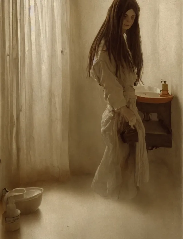 Image similar to portrait of beautiful peasant girl with long hair in a bathroom, minimalistic interior, soviet style, Cinematic focus, Polaroid photo, vintage, neutral colors, soft light, foggy, by Steve Hanks, by Serov Valentin, by lisa yuskavage, by Andrei Tarkovsky 8k render, detailed, oil on canvas