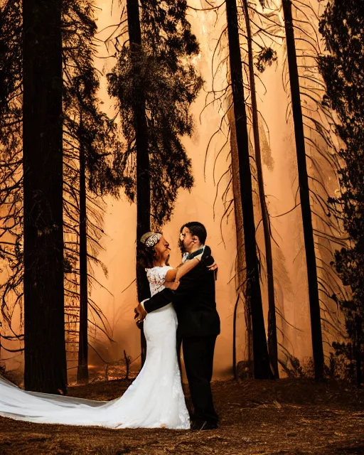 Prompt: a bride and groom embrace next to a raging forest fire, wedding photography