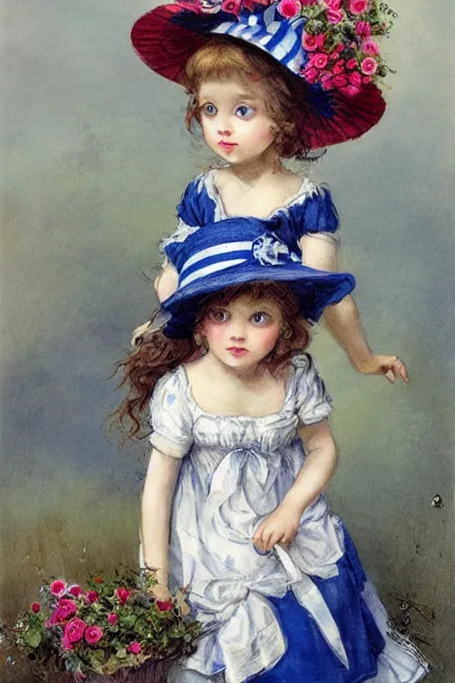 Prompt: cute girl big eyed with blue striped dress and flowery hat by jean - baptiste monge