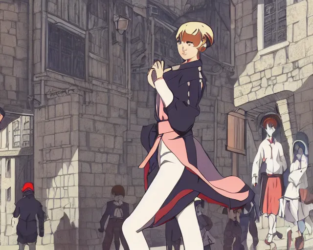 Image similar to anime still frame portrait of a young female walking through a busy medieval village, dynamic pose, dynamic perspective, detailed silhouette, cel shaded anime, ilya kuvshinov face style