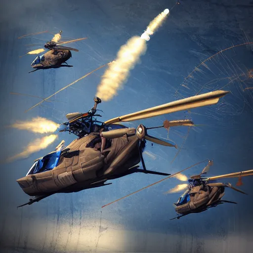 Image similar to !dream big battle helicopters flying firing missiles heavy firing artilery shells flying award winning, trending on artstation, unreal engine